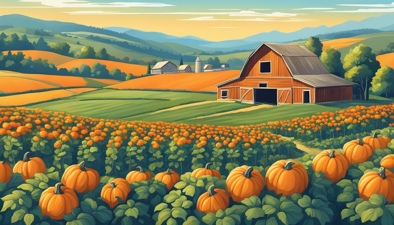 A rustic farm with rows of vibrant orange pumpkins under a clear blue sky, surrounded by rolling hills and fields of wildflowers