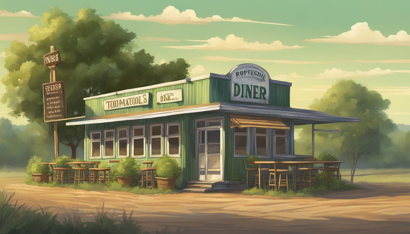 A rustic roadside diner with a weathered sign, surrounded by fields of green tomatoes and a warm Texas sky