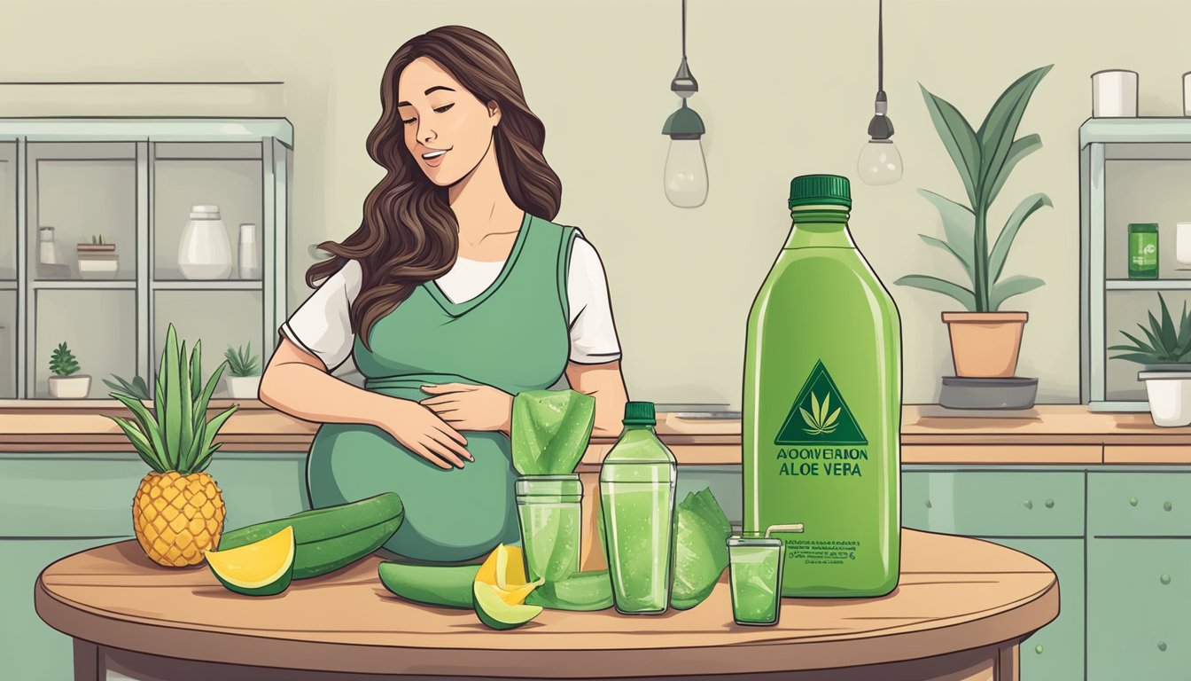 A pregnant woman holding a bottle of aloe vera juice with a caution sign and a question mark above her head