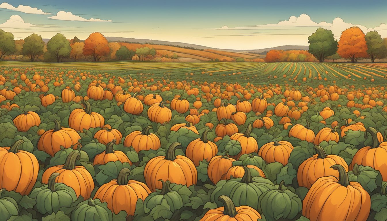 A sprawling pumpkin patch at YesterLand Farm in northwest Texas, with colorful pumpkins of various shapes and sizes scattered across the field