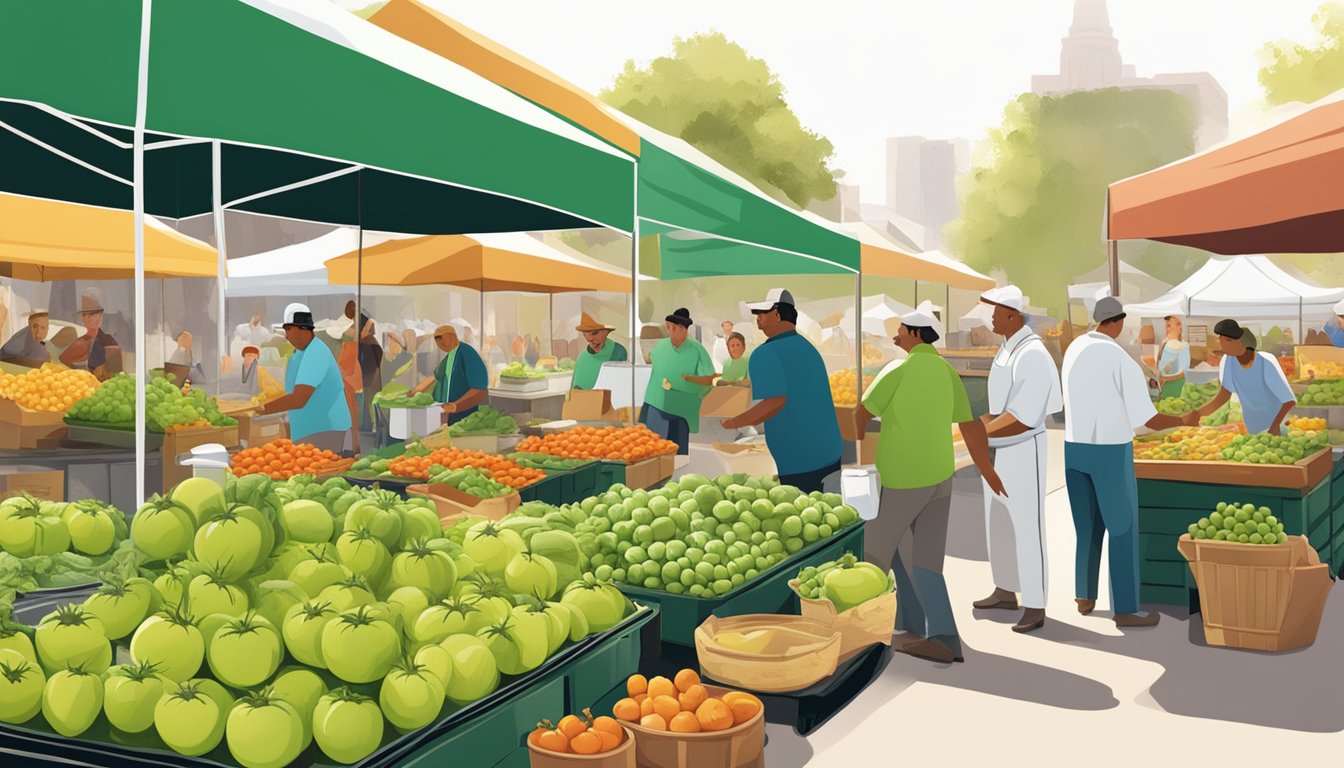 A bustling Texas farmer's market with vendors selling plump green tomatoes and a chef frying them to golden perfection