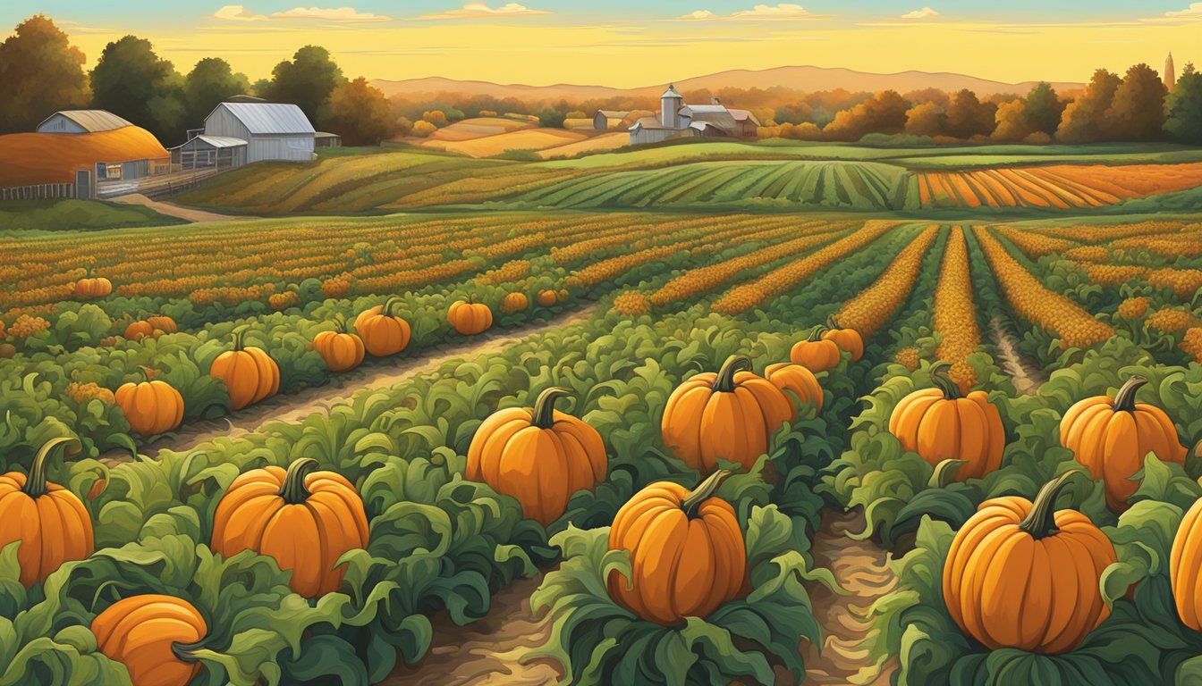 A sprawling pumpkin patch and corn maze at Hall's Pumpkin Farm in northwest Texas. Tall stalks and vibrant pumpkins dot the landscape