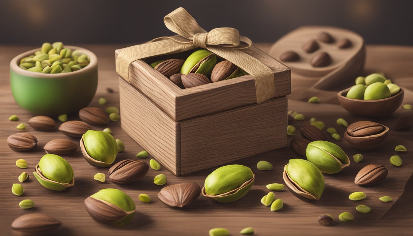 A rustic wooden gift box overflowing with pistachio rose chocolates, surrounded by cacao pods and cardamom pods, with a lone lone star of Texas in the background