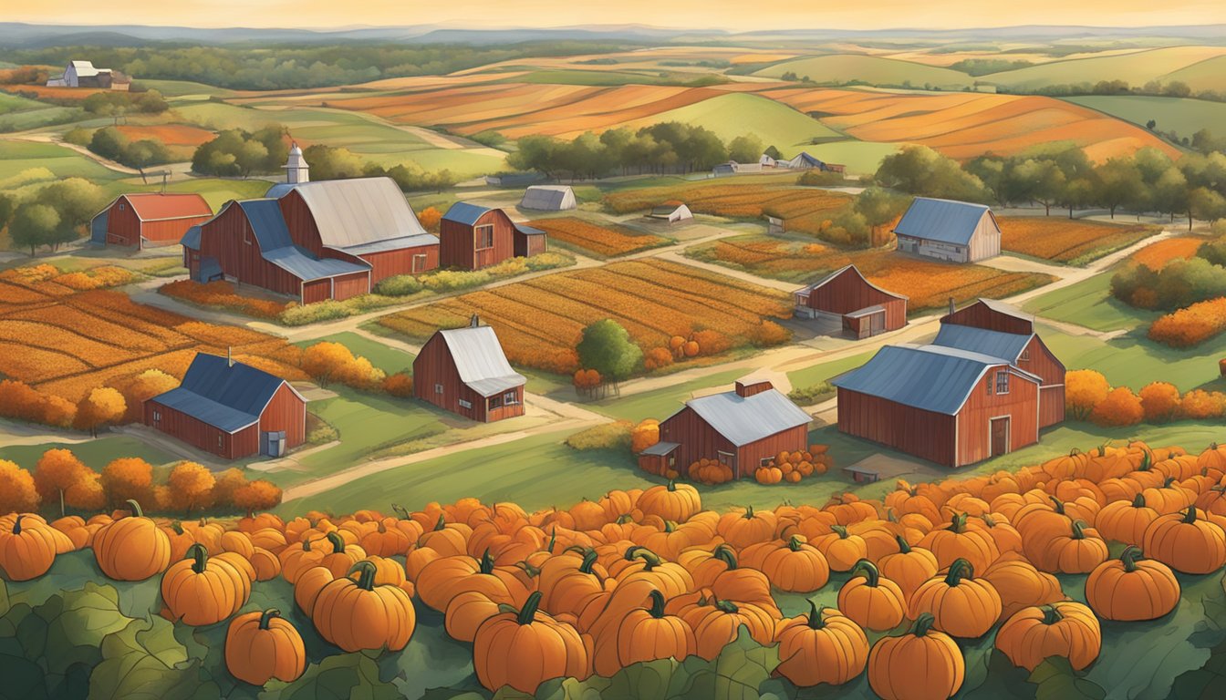 Vibrant pumpkin patches spread across the rural landscape of Ellis County, with farm buildings in the distance