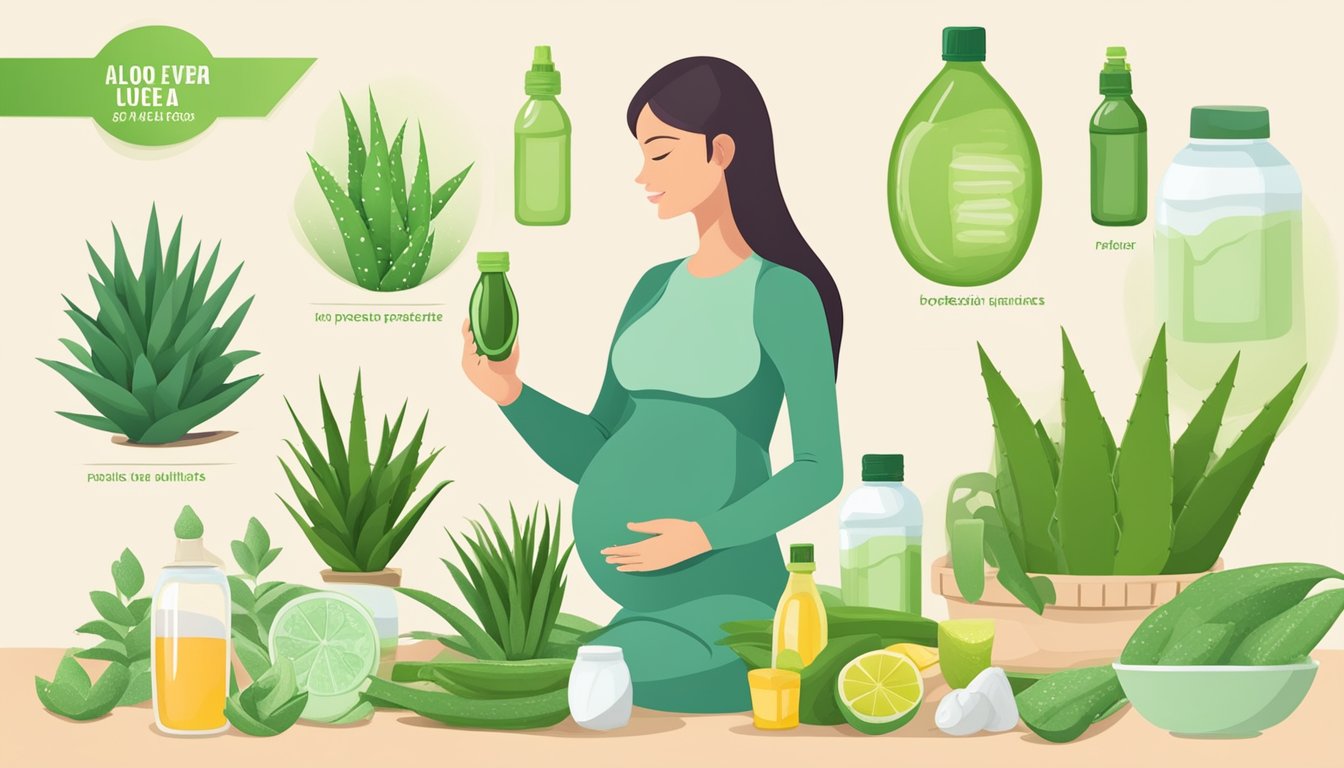 A pregnant woman holding a bottle of aloe vera juice, surrounded by various aloe vera products and a list of ingredients