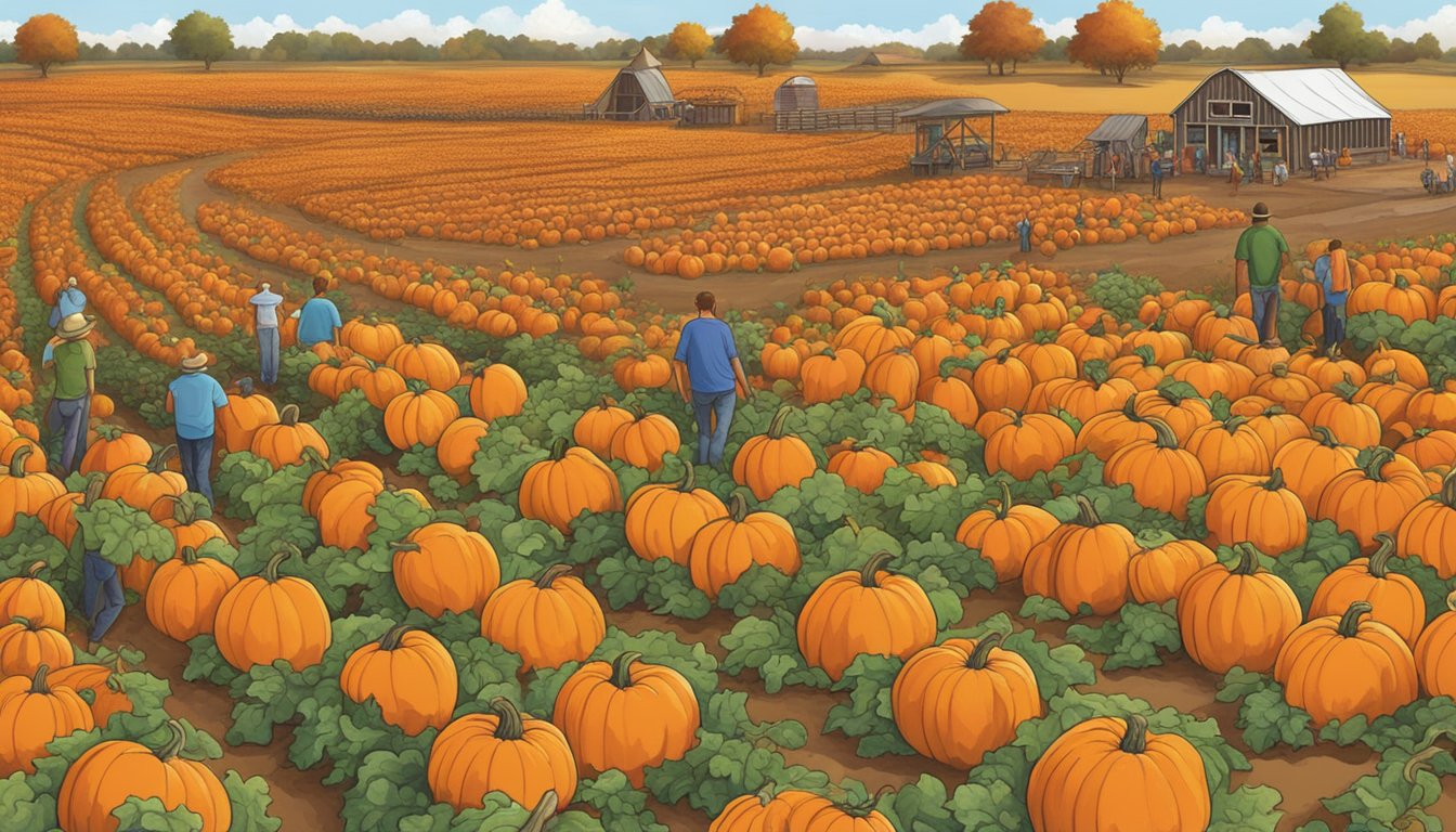 A sprawling pumpkin patch at Mainstay Farm Park in northwest Texas, with rows of bright orange pumpkins and families enjoying the autumn atmosphere