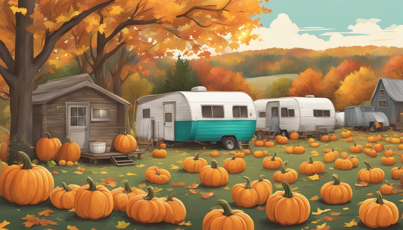 Vibrant pumpkin patches surrounded by rustic trailers and fall foliage