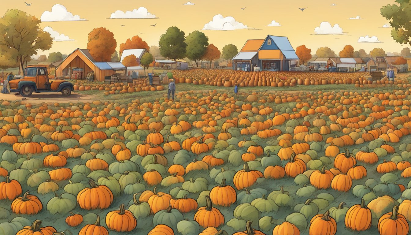 A colorful pumpkin patch at the Punkin Days Festival in northwest Texas, with various shapes and sizes of pumpkins scattered across the ground