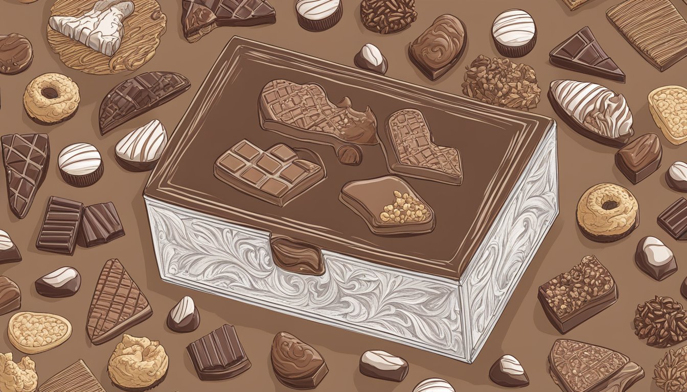 A Texas-shaped chocolate gift box surrounded by various Texan chocolates at Kischi Creek Bakery