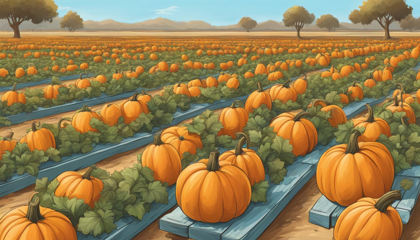 A rustic pumpkin patch in northwest Texas, with rows of vibrant orange pumpkins, a wooden sign, and a clear blue sky