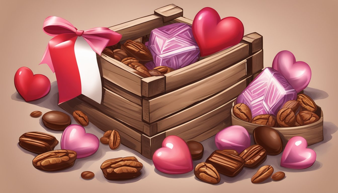 A rustic wooden crate filled with Texas-themed chocolates and pecans, surrounded by coffee beans and decorative Valentine's Day accents