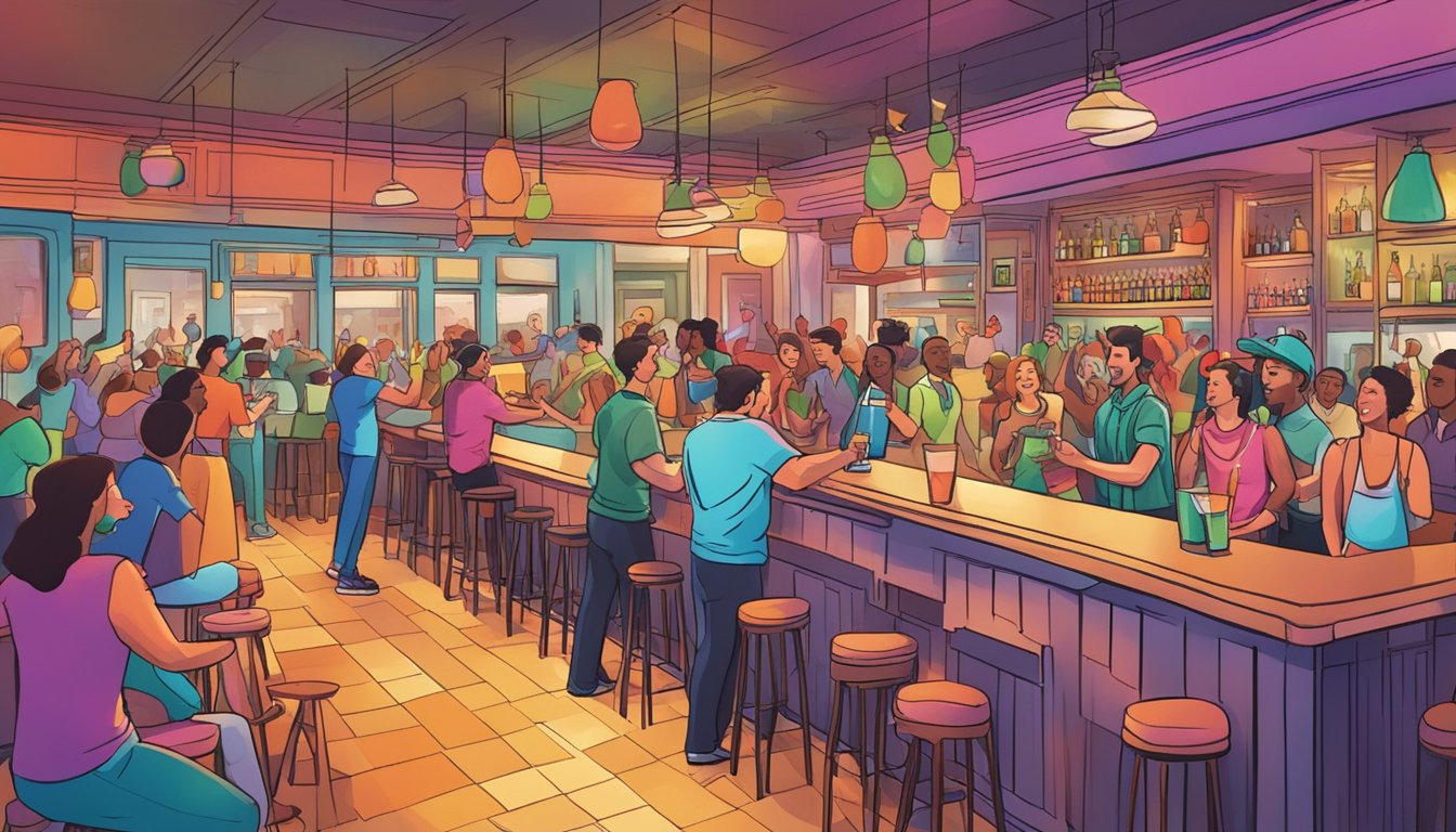 A bustling bar with colorful daiquiris being shaken and poured, surrounded by excited patrons celebrating National Daiquiri Day