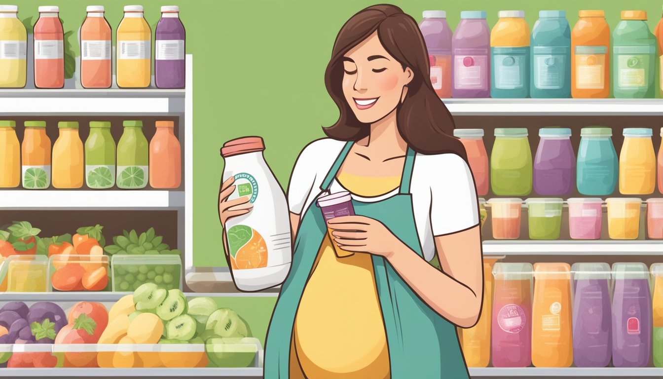 A pregnant woman holding a store-bought smoothie while reading the label for safety and health considerations