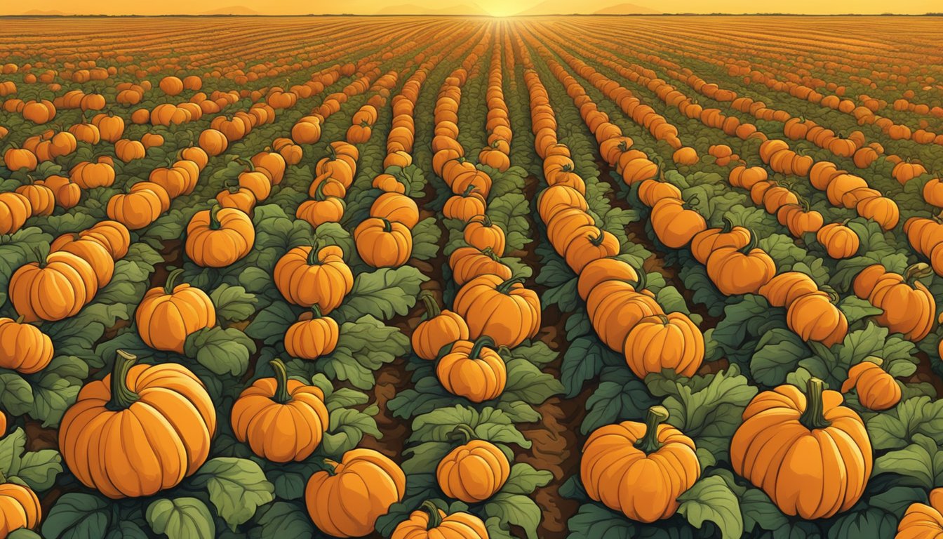 A sprawling pumpkin patch in northwest Texas, bathed in golden sunlight with rows of vibrant orange pumpkins growing in rich, fertile soil