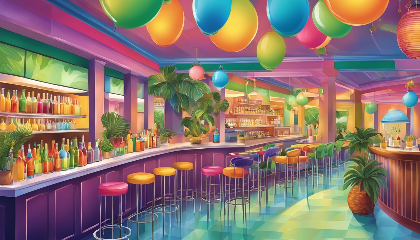 A bustling daiquiri bar with colorful drinks, tropical decor, and a lively atmosphere