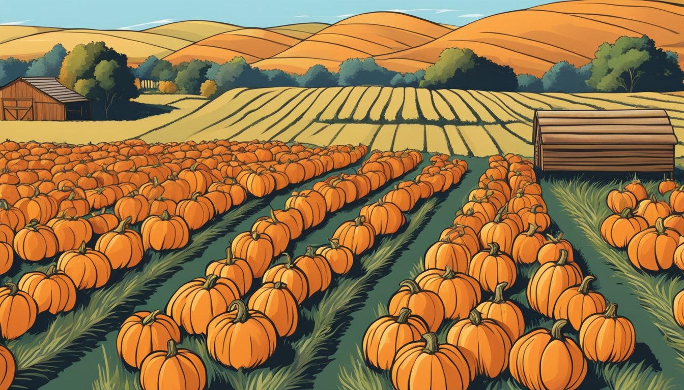 A rustic pumpkin patch in northwest Texas, with rows of vibrant orange pumpkins surrounded by rolling hills and a clear blue sky