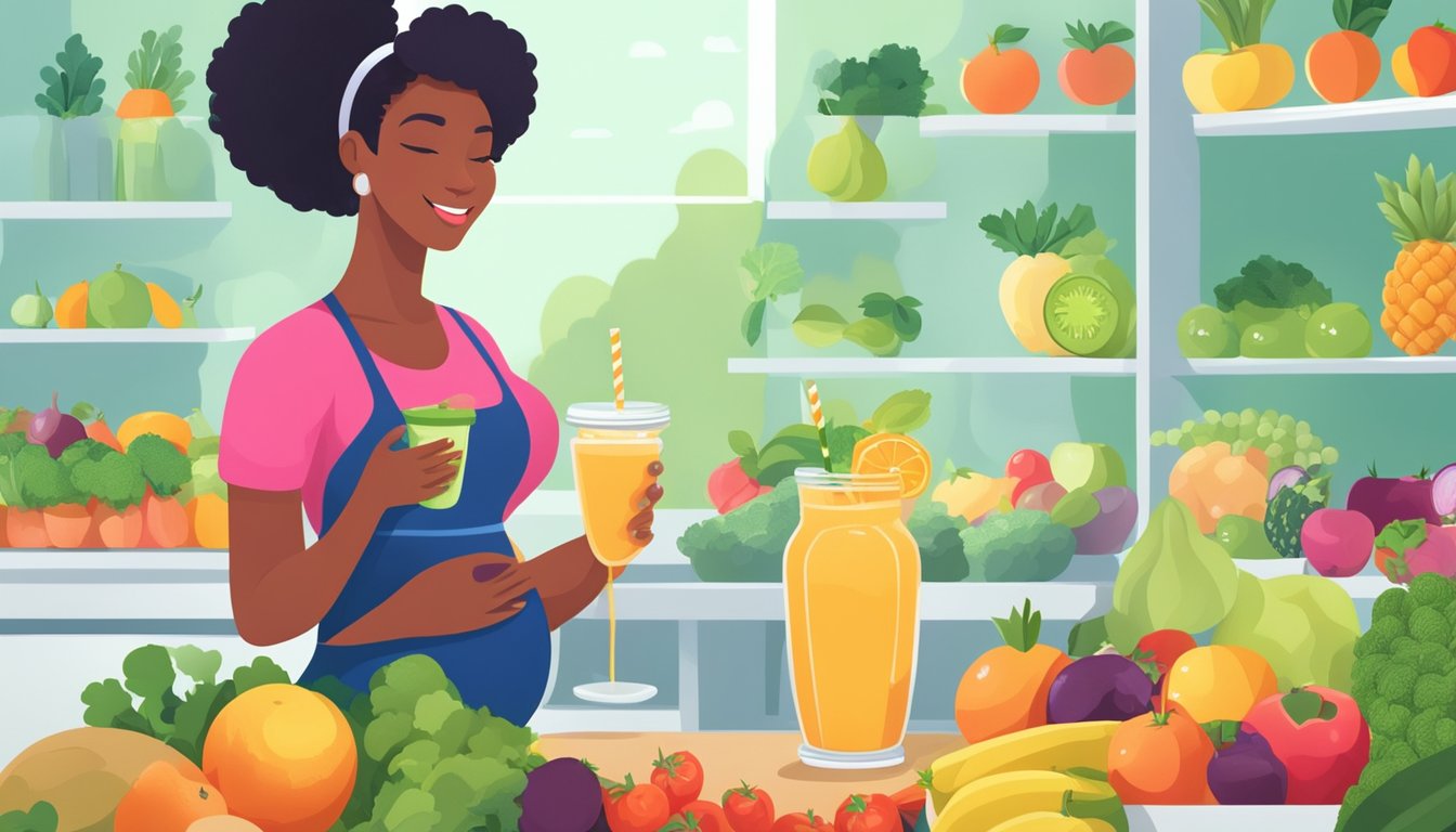 A pregnant woman holding a store-bought smoothie, surrounded by fresh fruits and vegetables, with a glowing, healthy complexion