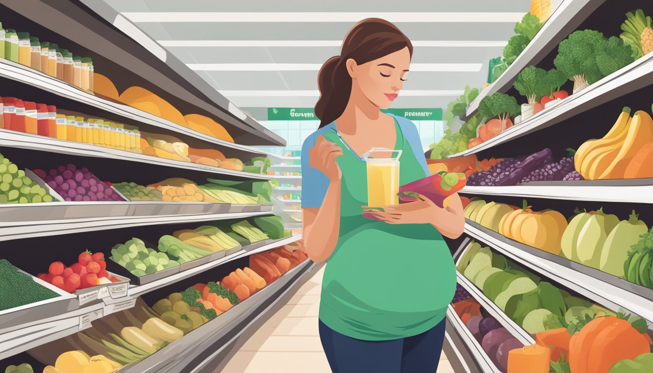 A pregnant woman stands in a grocery store, carefully reading the labels on various fruits and vegetables, with a blender and a list of pregnancy-friendly smoothie ingredients in hand