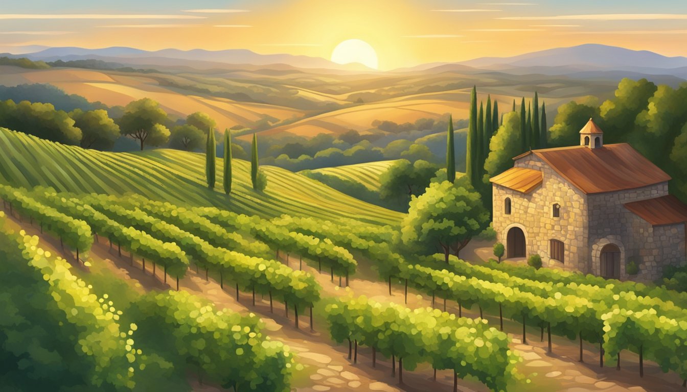 Rolling hills of lush vineyards surround a rustic stone winery. A golden sun sets behind the Texas landscape, casting a warm glow over the picturesque scene