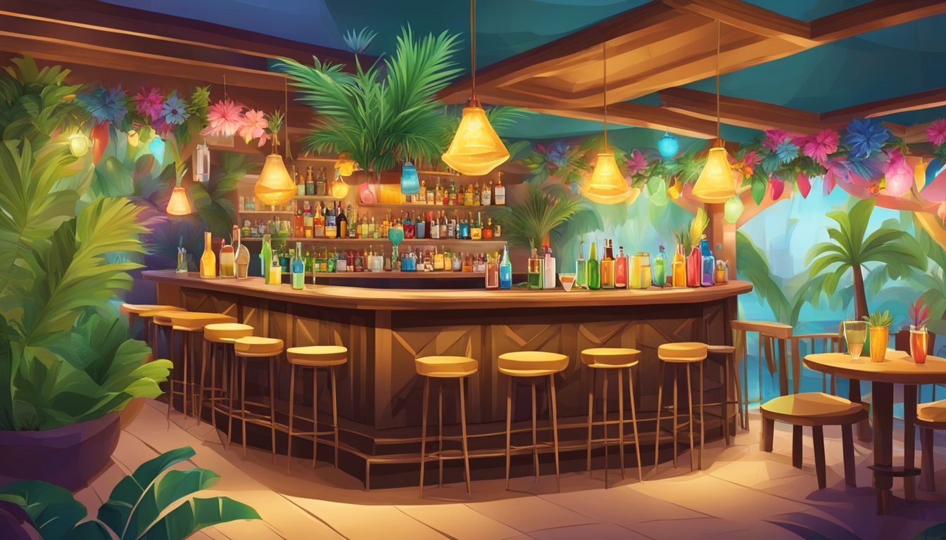 A lively bar with tropical decor, colorful cocktails, and a festive atmosphere