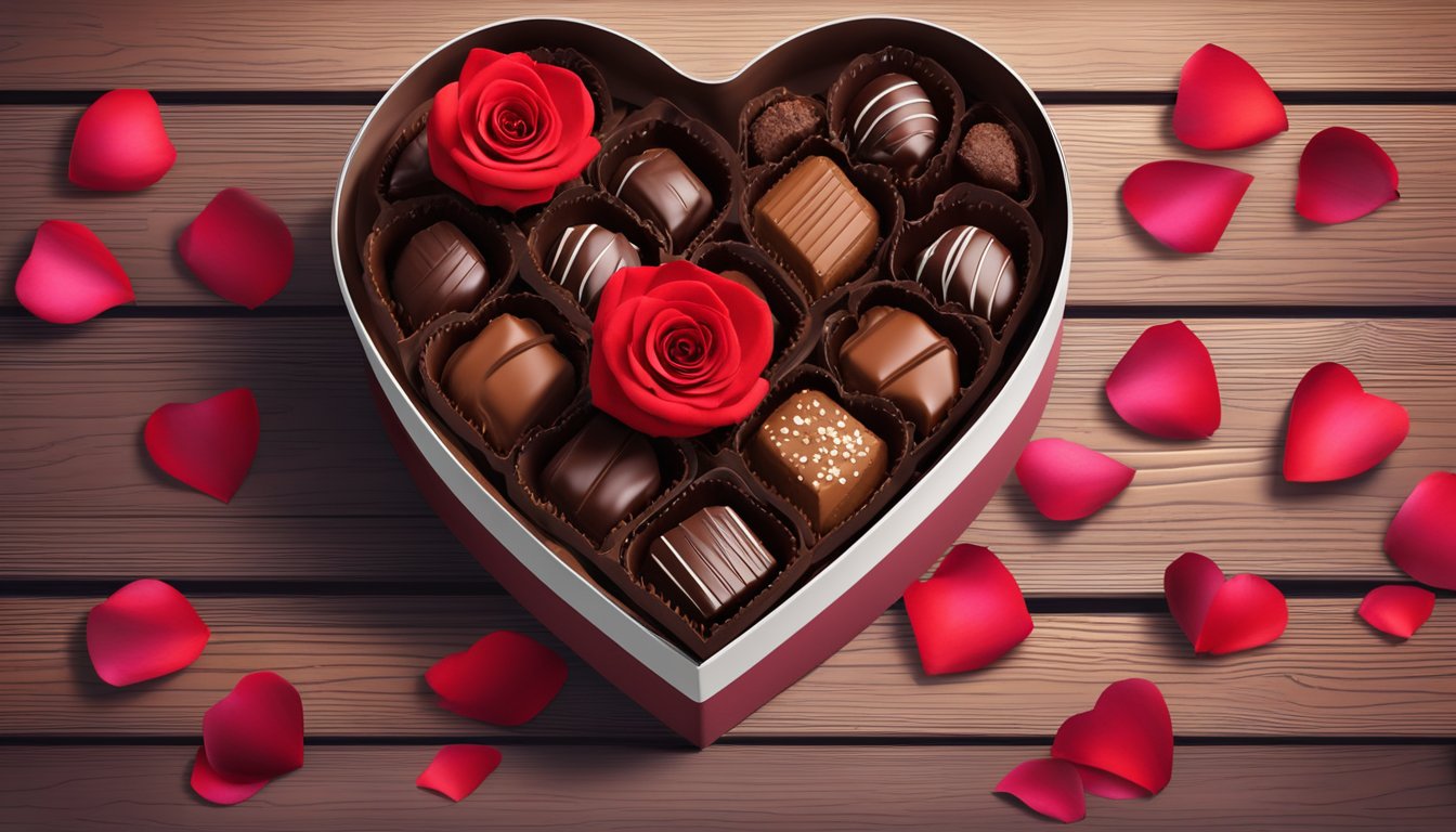 A heart-shaped box of artisanal chocolates sits on a rustic wooden table, surrounded by vibrant red rose petals. The rich aroma of cocoa fills the air