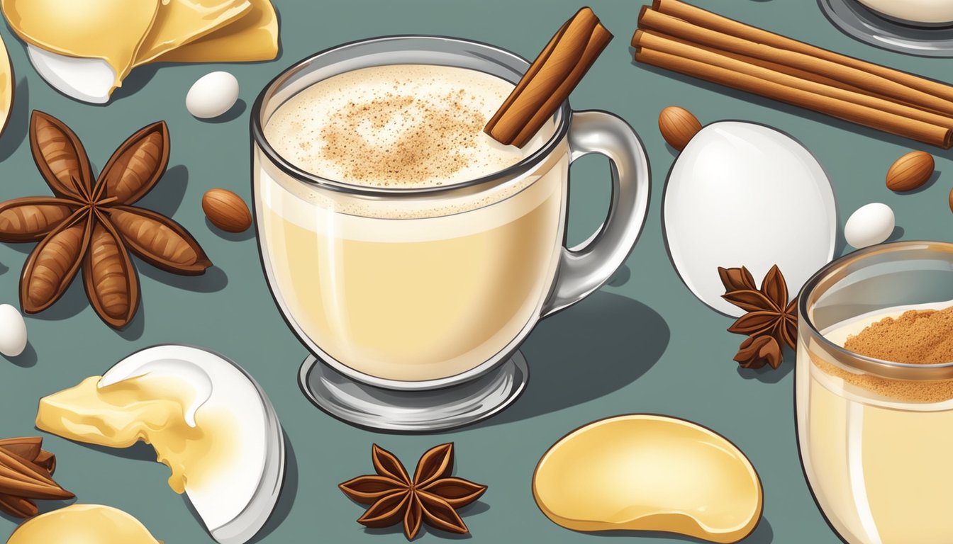 A festive glass of eggnog surrounded by ingredients like eggs, milk, nutmeg, and cinnamon