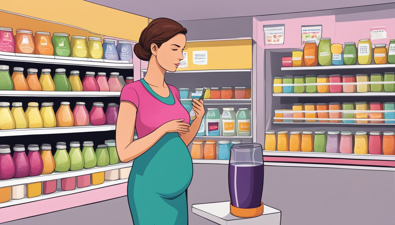 A pregnant woman standing in front of a display of store-bought smoothies, looking at the labels with a concerned expression