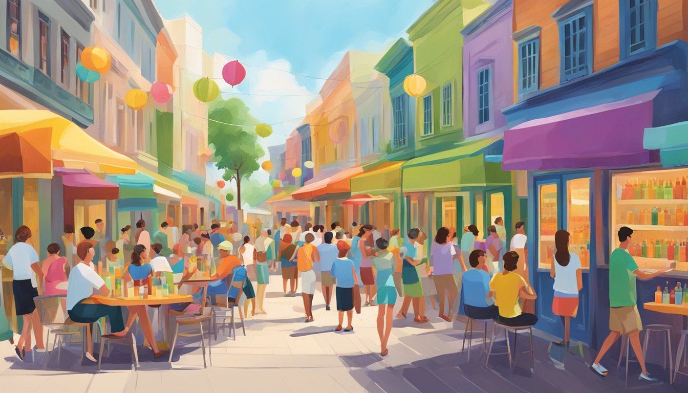 A bustling street lined with colorful daiquiri bars, patrons enjoying refreshing drinks in the summer heat