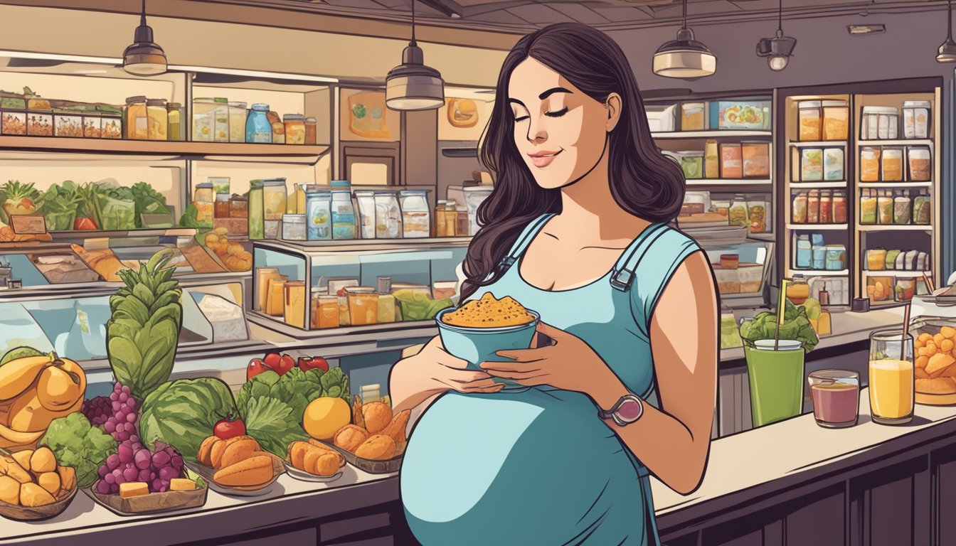 A pregnant woman holding a store-bought smoothie, surrounded by various food options at a restaurant, while reading a menu and considering her choices