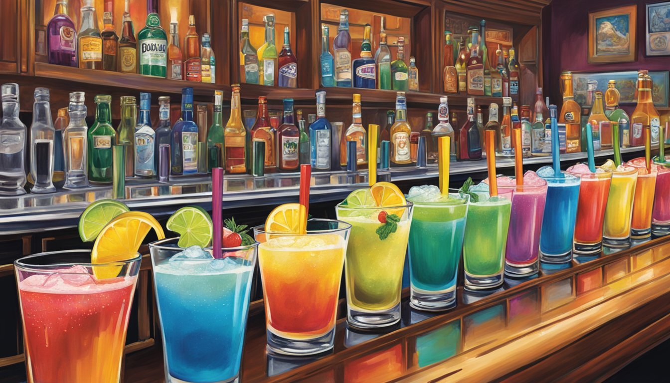 A bustling bar at The Esquire Tavern in San Antonio, Texas, with a row of colorful daiquiris lined up on the counter