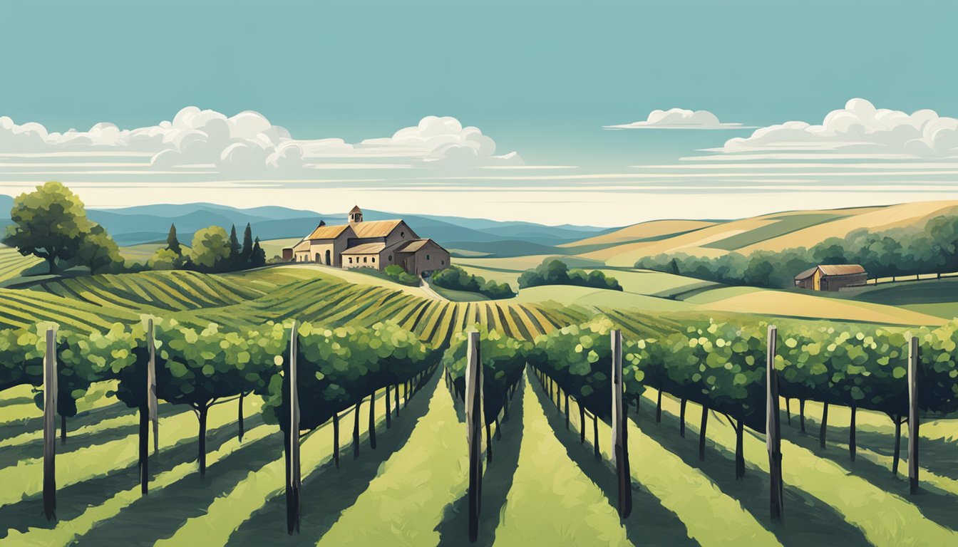 Rolling hills surround a rustic winery. A vineyard stretches into the distance, with a clear blue sky overhead. A peaceful, serene setting