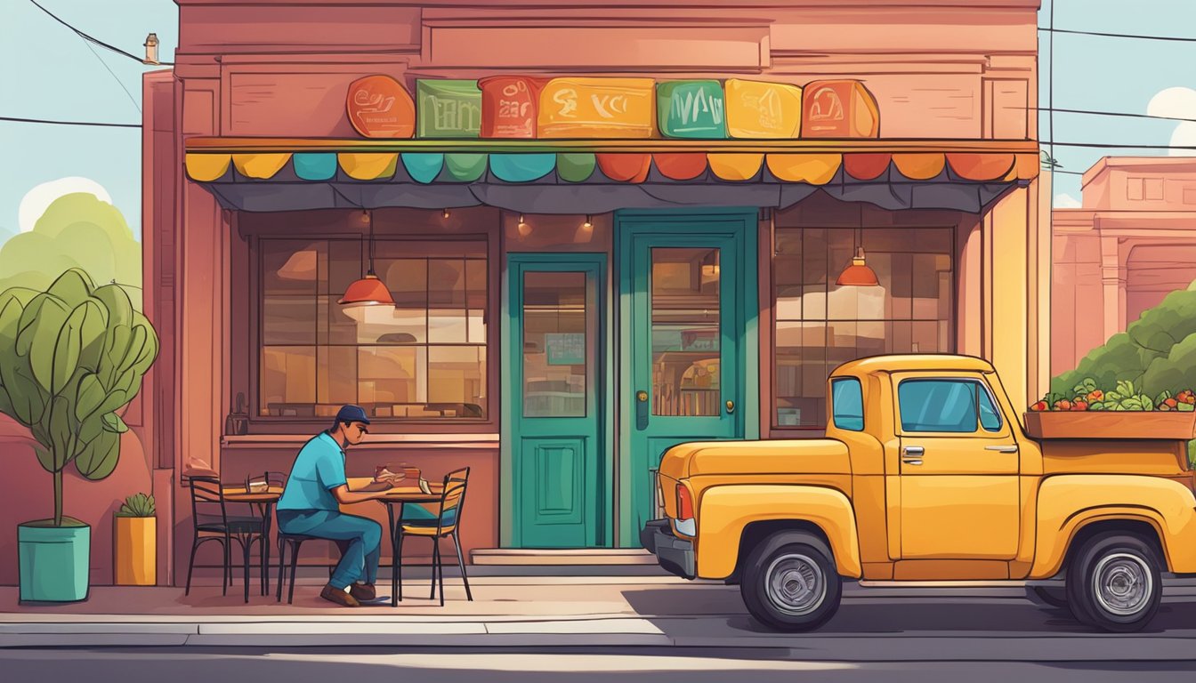 A colorful Mexican restaurant with outdoor seating and a delivery driver picking up orders