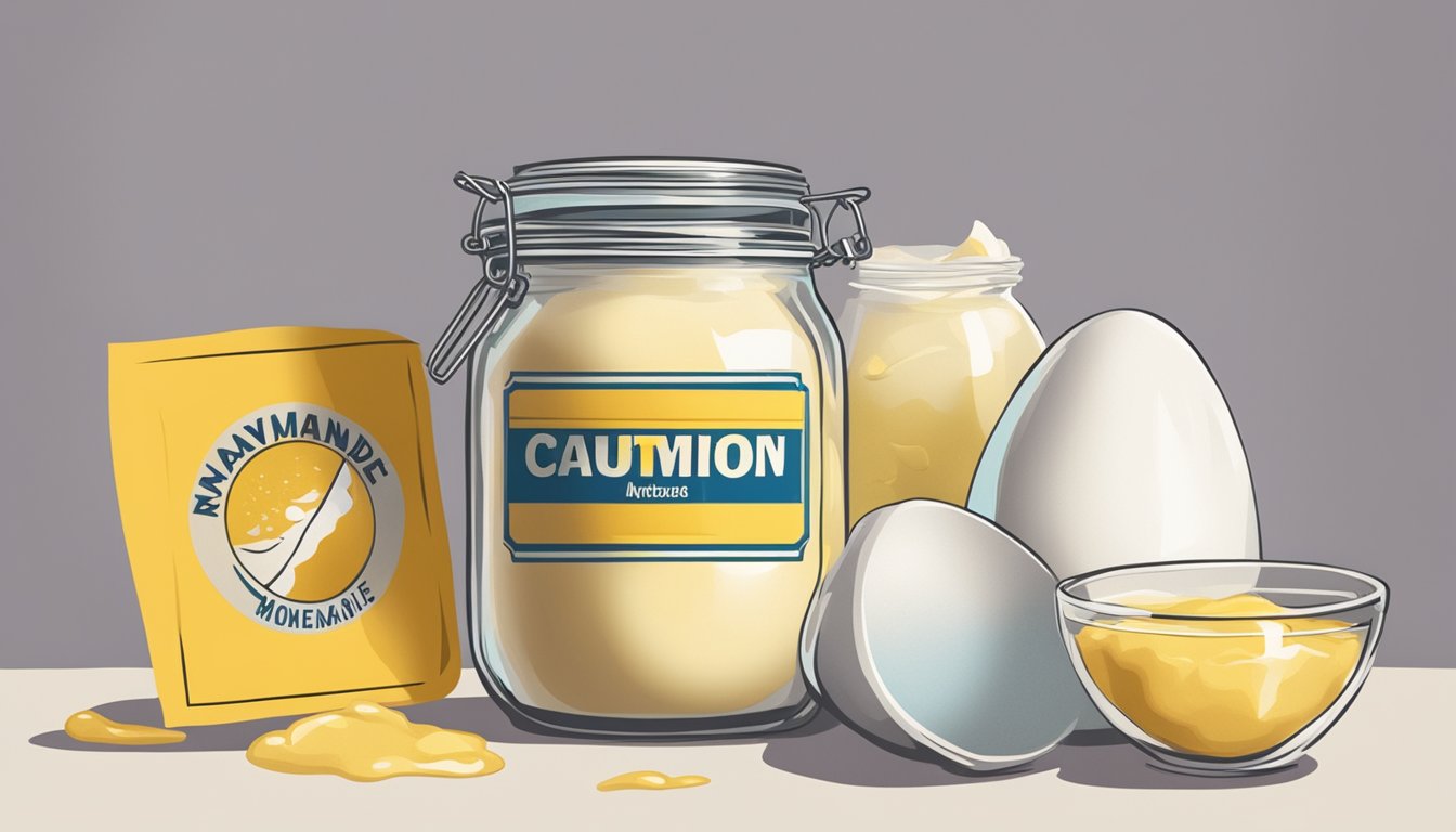 A jar of homemade mayonnaise with a cracked eggshell next to it, surrounded by caution signs and pregnant woman silhouette