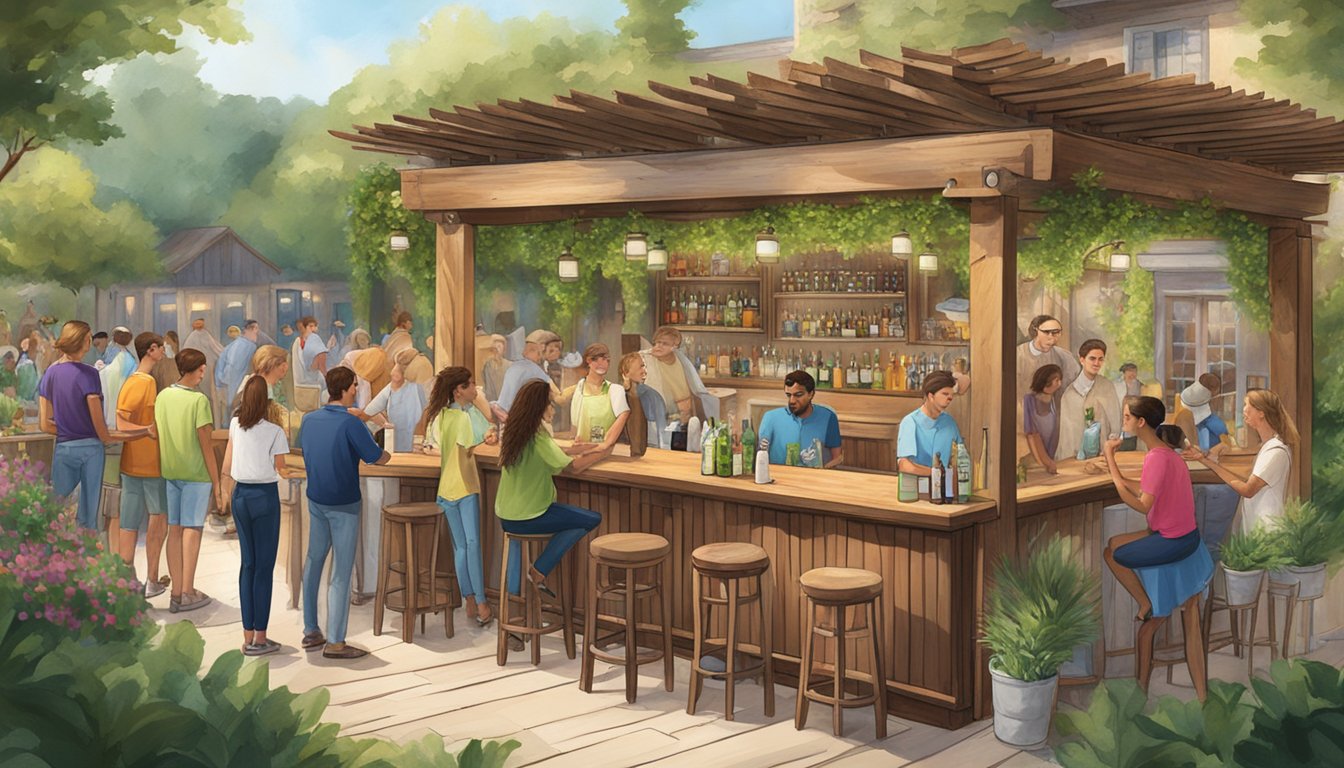 A bustling outdoor patio bar with a rustic cedar door, surrounded by greenery and filled with people enjoying daiquiris