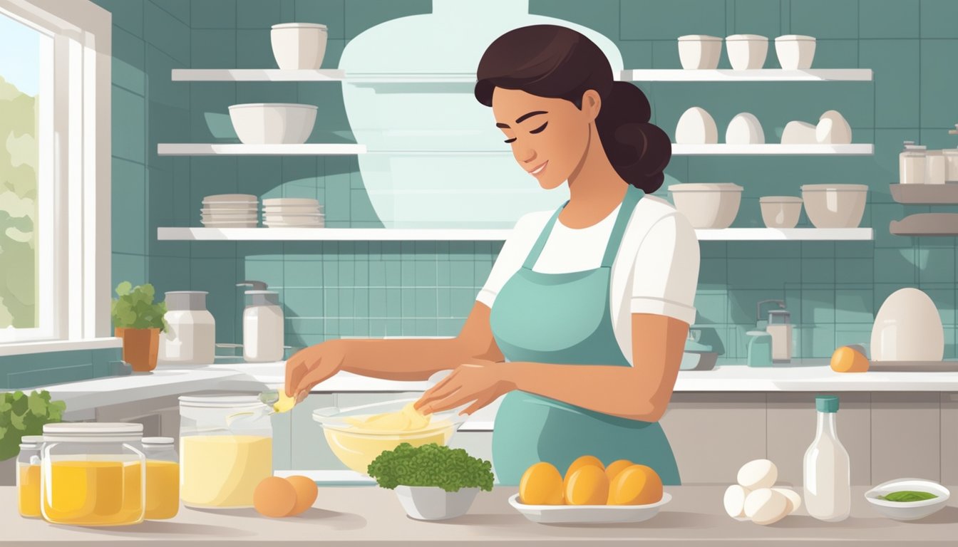 A pregnant woman prepares a fresh batch of mayonnaise using eggs, oil, and vinegar in a clean kitchen environment, following proper food safety guidelines