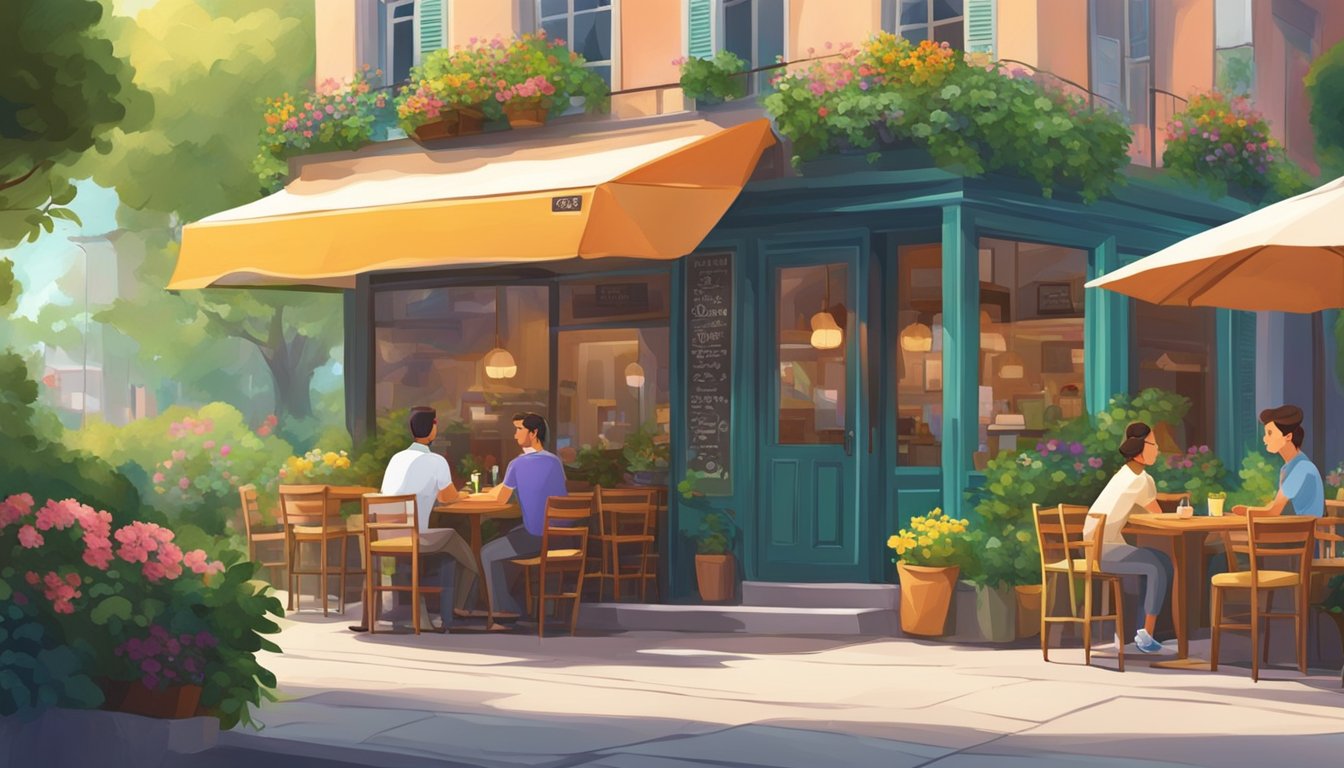 A cozy cafe with outdoor seating, surrounded by lush greenery and colorful flowers. A delivery driver approaches with a bag of food