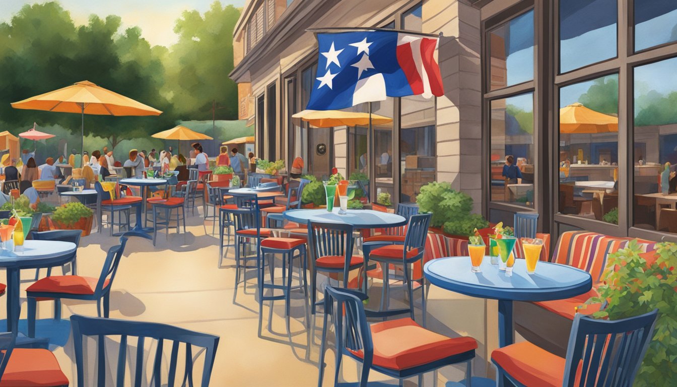 A bustling outdoor patio with colorful daiquiris on tables and a Texas flag hanging in the background