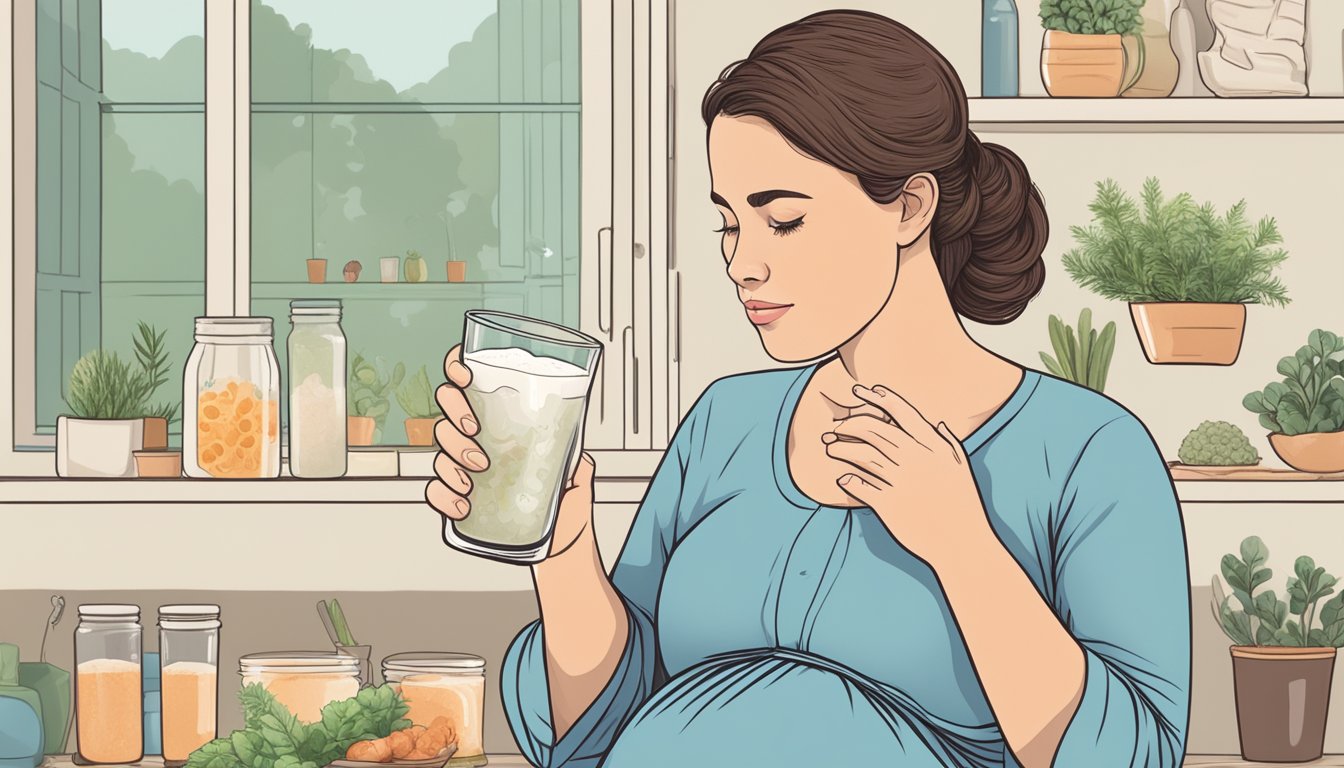 A pregnant woman holding a glass of kefir with a thoughtful expression, surrounded by images of healthy gut bacteria and a growing fetus