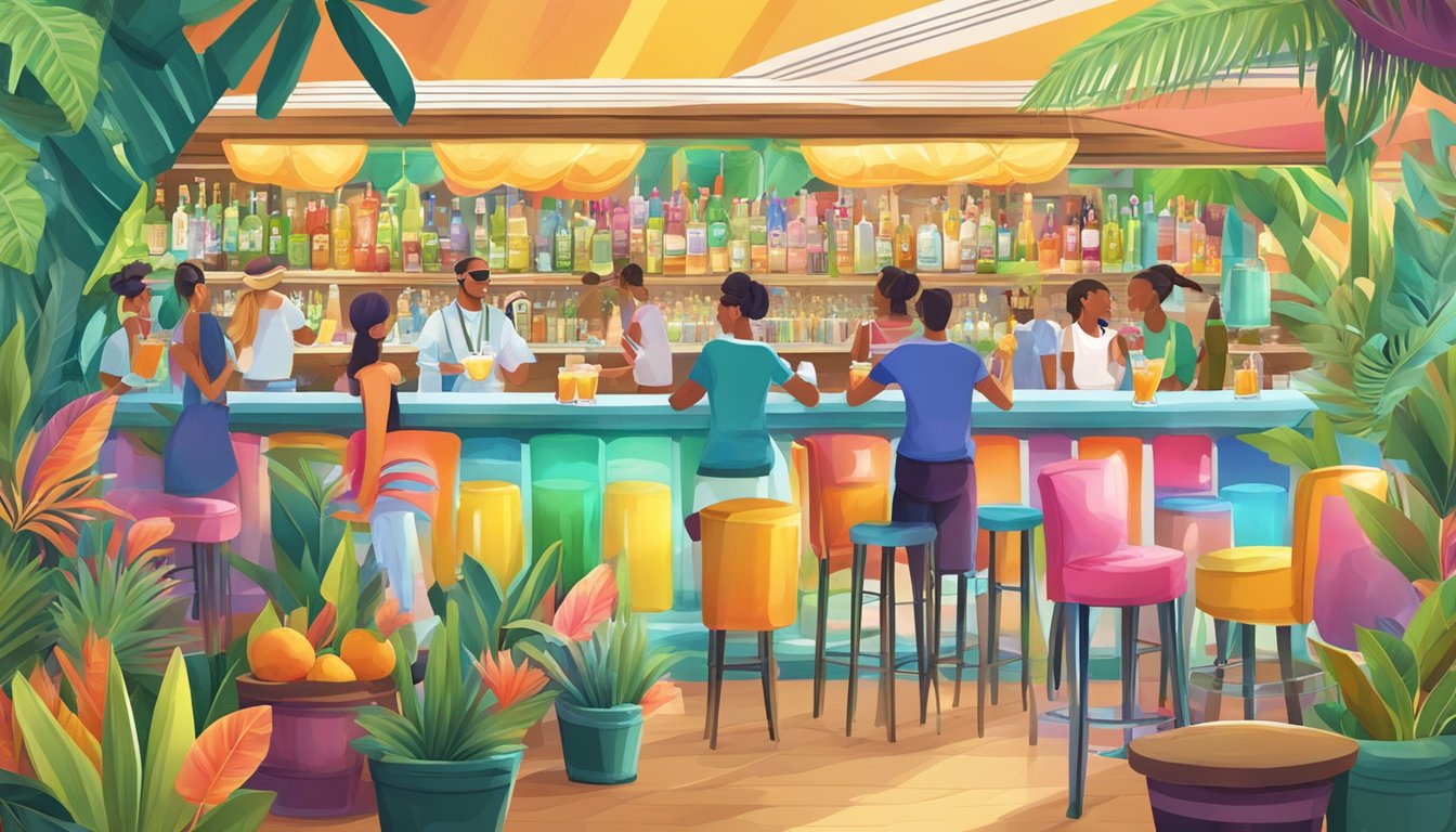 A bustling bar with colorful tropical decor, serving up icy daiquiris to a lively crowd celebrating National Daiquiri Day