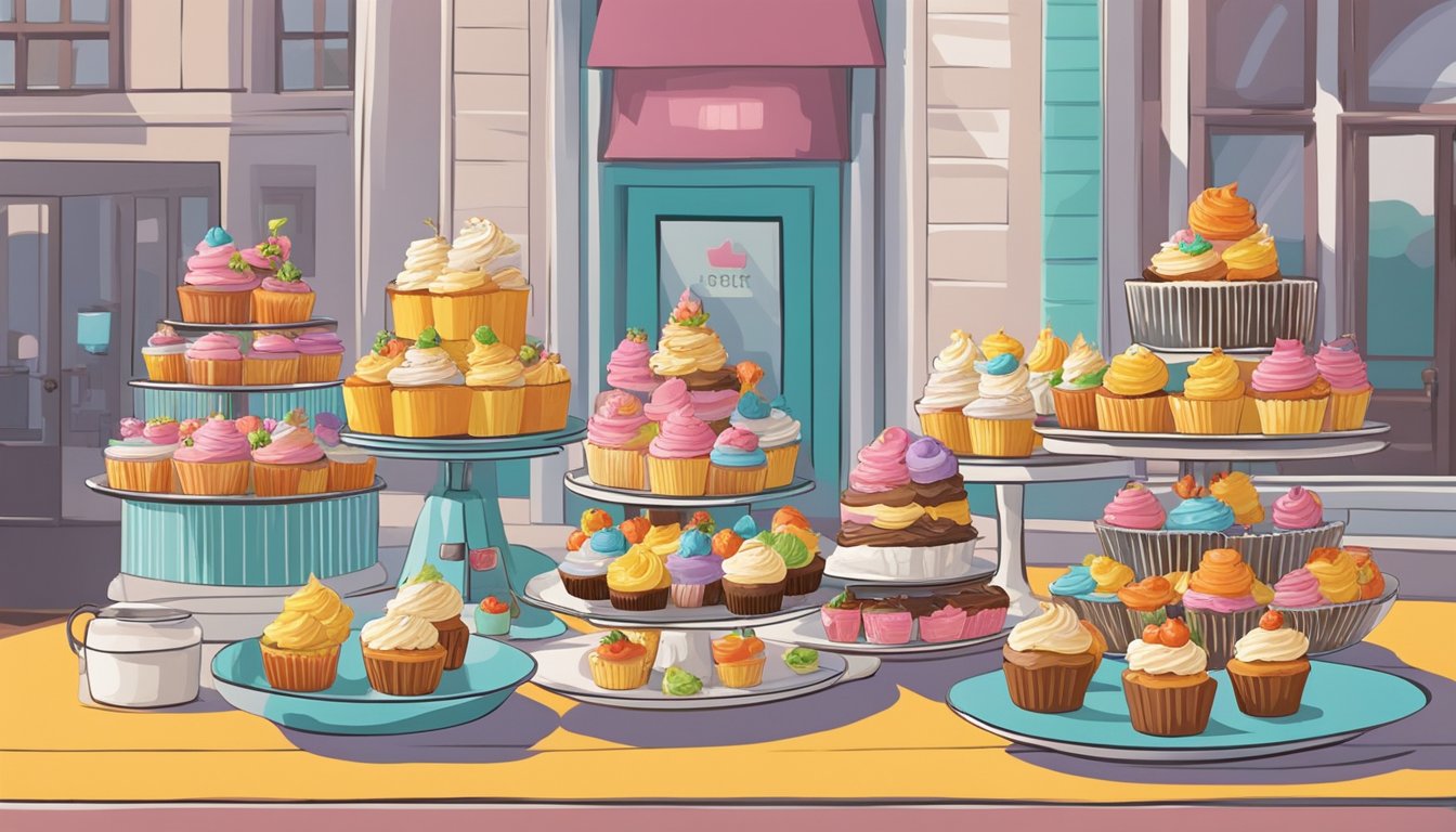 A colorful array of gourmet cupcakes and brunch items are neatly arranged on a table, with a delivery driver standing nearby ready to pick up the order