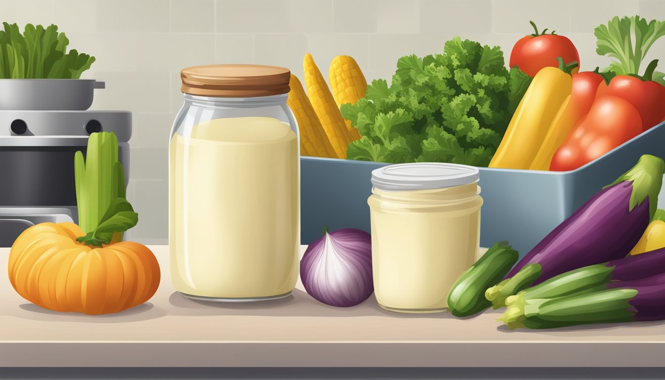 A jar of homemade mayonnaise next to a variety of fresh, colorful vegetables and fruits on a kitchen counter