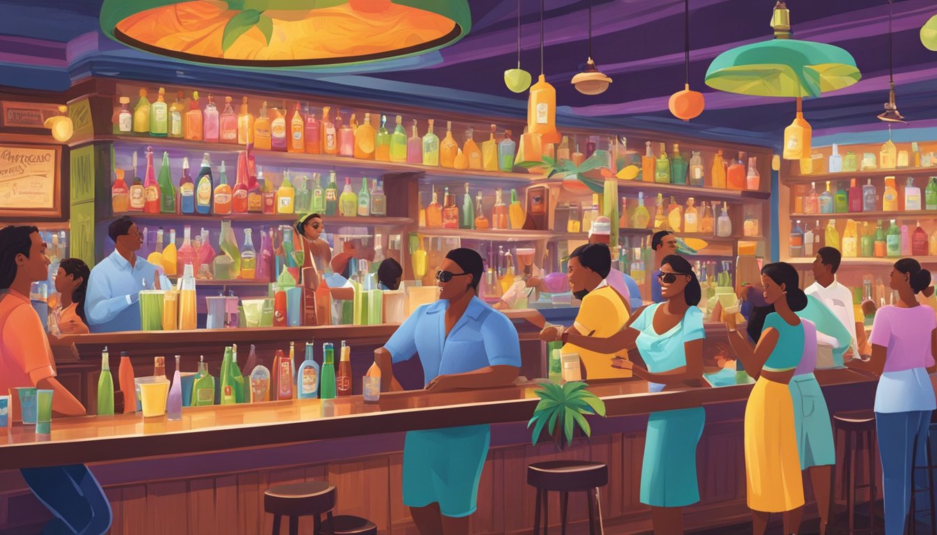 A bustling bar with colorful, tropical-themed decor. Bartenders expertly blend vibrant, fruit-filled Texas daiquiris as patrons celebrate National Daiquiri Day