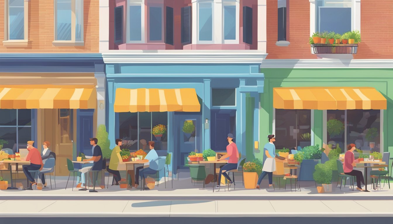 A sunny suburban street with five colorful brunch restaurants, each with a delivery driver handing off bags to waiting customers