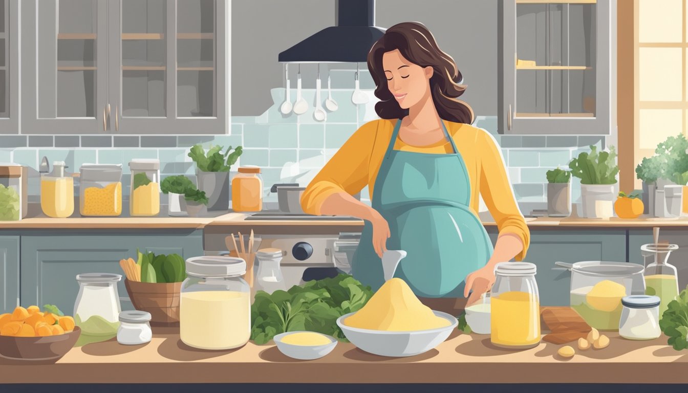 A pregnant woman standing in a kitchen, surrounded by various ingredients and utensils, while making a batch of homemade mayonnaise