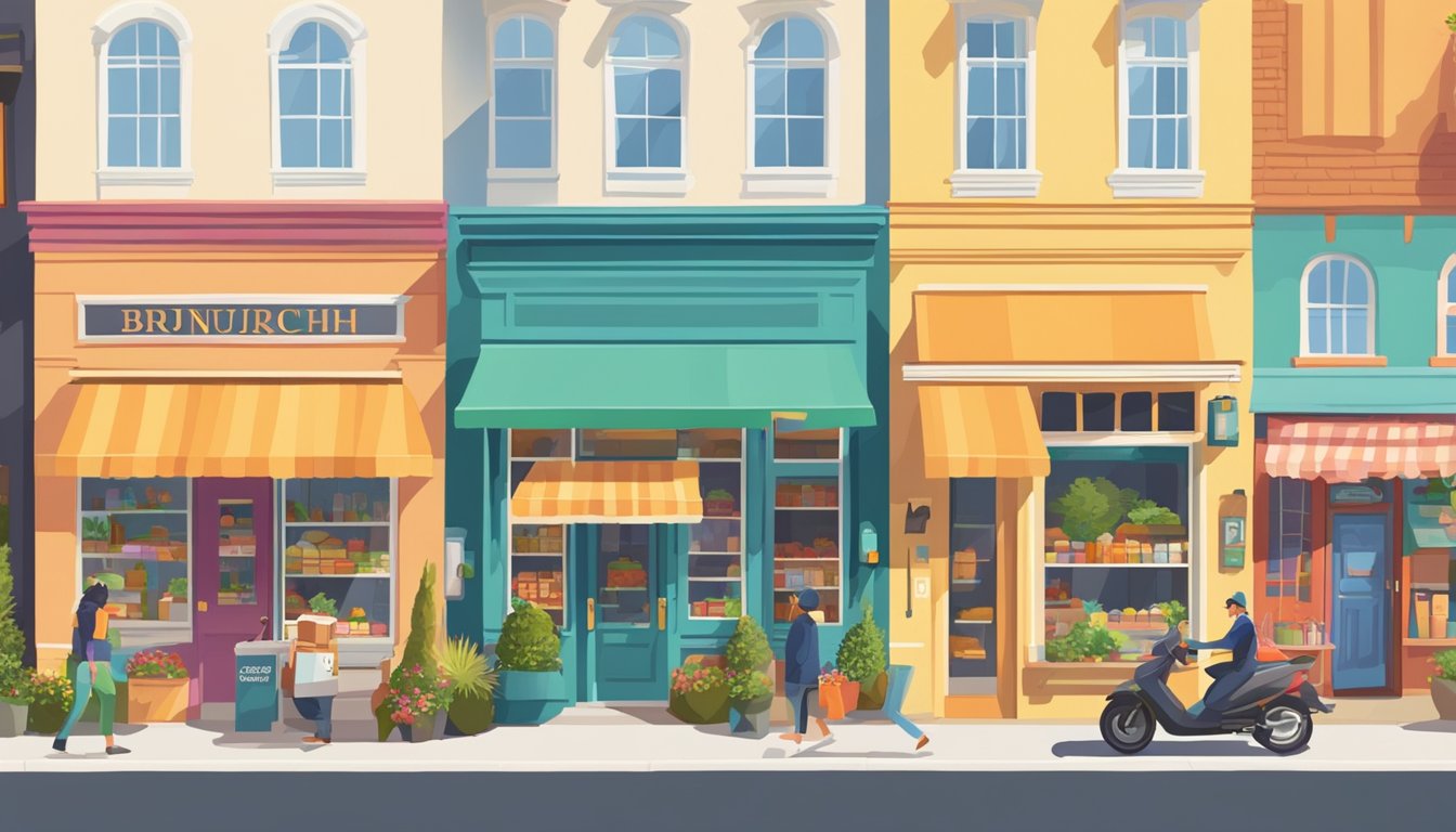 A sunny suburban street lined with colorful storefronts, each displaying a unique brunch menu. Delivery drivers come and go, dropping off delicious meals at doorsteps