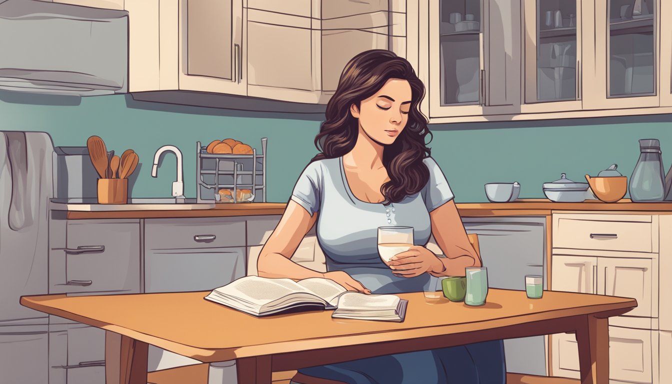 A pregnant woman sitting at a kitchen table, pouring herself a glass of kefir while reading a pregnancy book and looking concerned