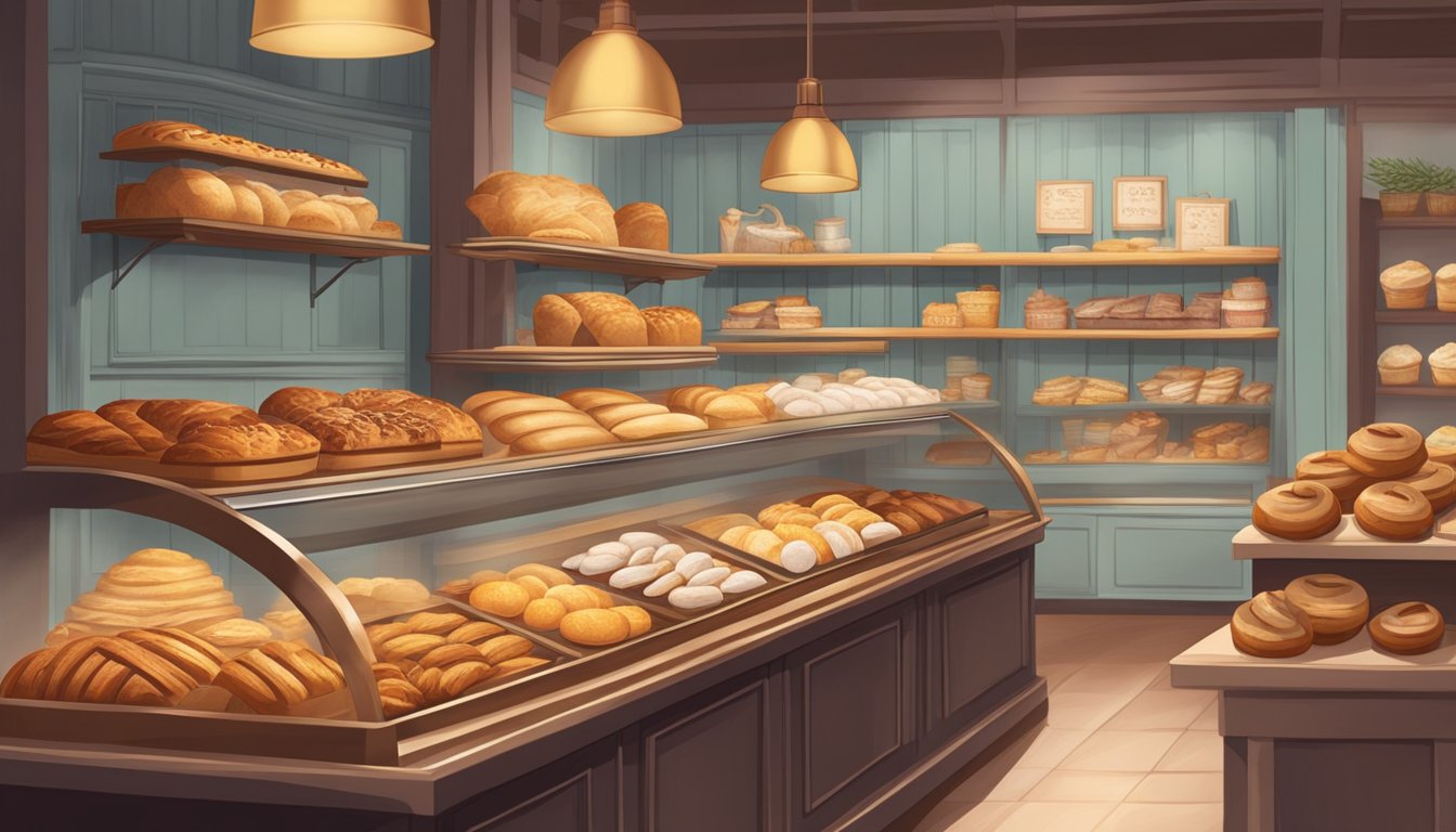 A cozy bakery filled with shelves of freshly baked gluten-free goods and a display of artisanal treats, with the aroma of warm bread and sweet pastries filling the air