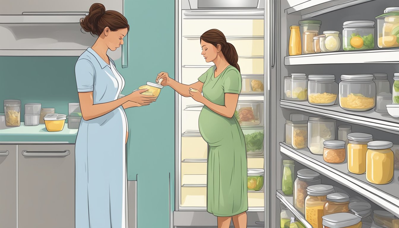 A pregnant woman carefully stores homemade mayonnaise and leftovers in labeled airtight containers in the refrigerator