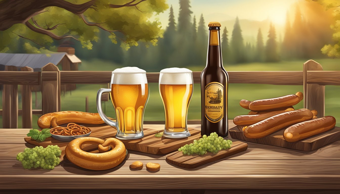 A rustic beer garden with a wooden table set with pretzels, sausages, beer, and wine, evoking a taste of Germany in Texas