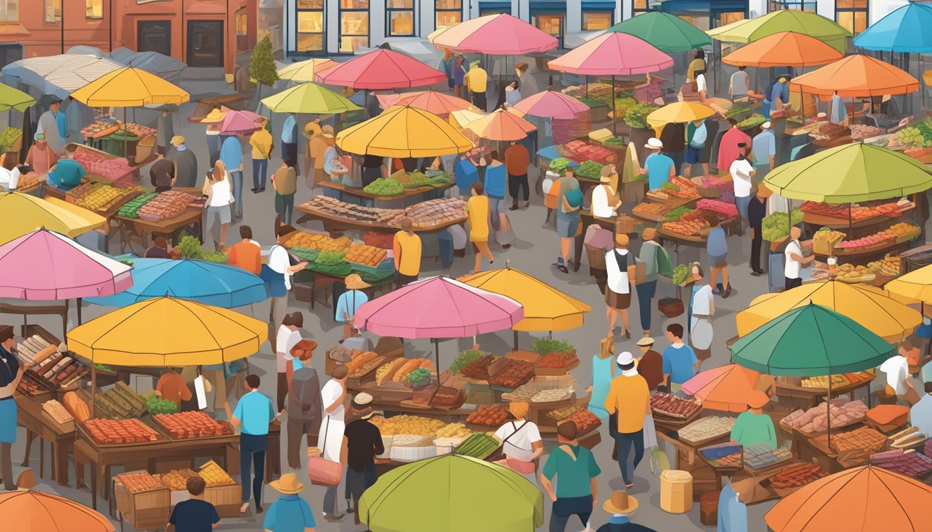 A bustling outdoor market with colorful umbrellas, wooden tables, and a variety of German sausages, pretzels, beer, and wine on display